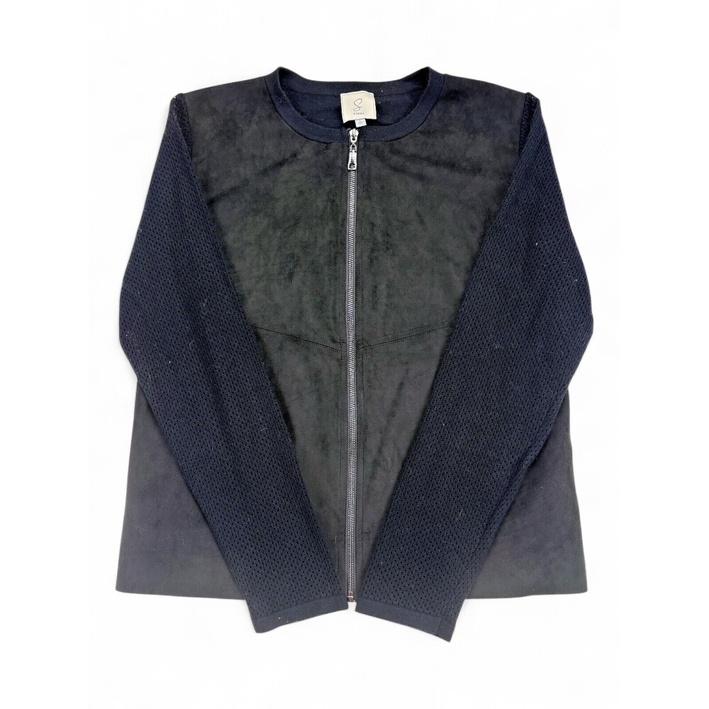 Sioni Black Mixed-Media Zip Front Sweater Jacket L